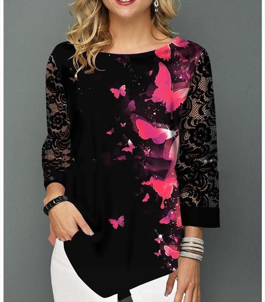 shirt blouse women plus size 5xl fashion new spring summer print black 3 4 lace sleeve elasticity female shirt casua, White